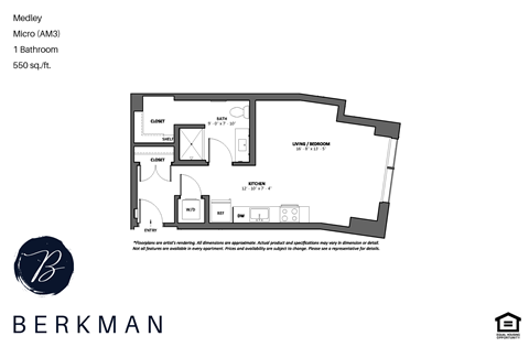 Floor plan for studio, 1 bath, 550 sqft